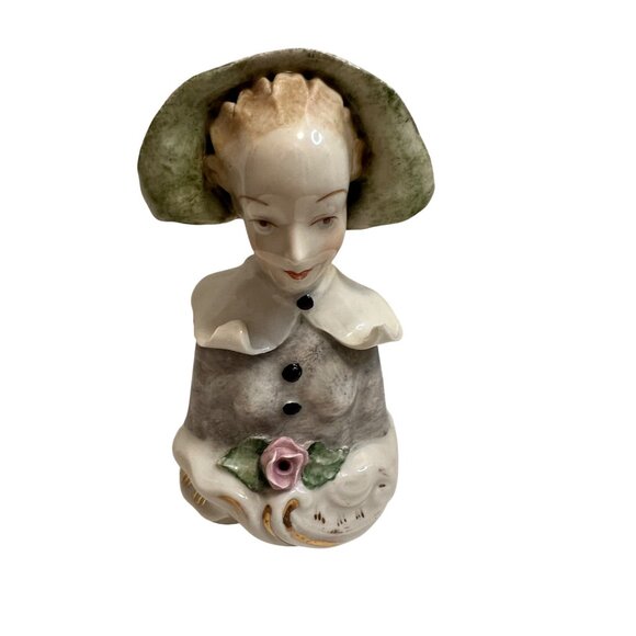 Vintage Porcelain Figurine Of Woman In Bonnet Holding Pink Rose - Picture 1 of 5